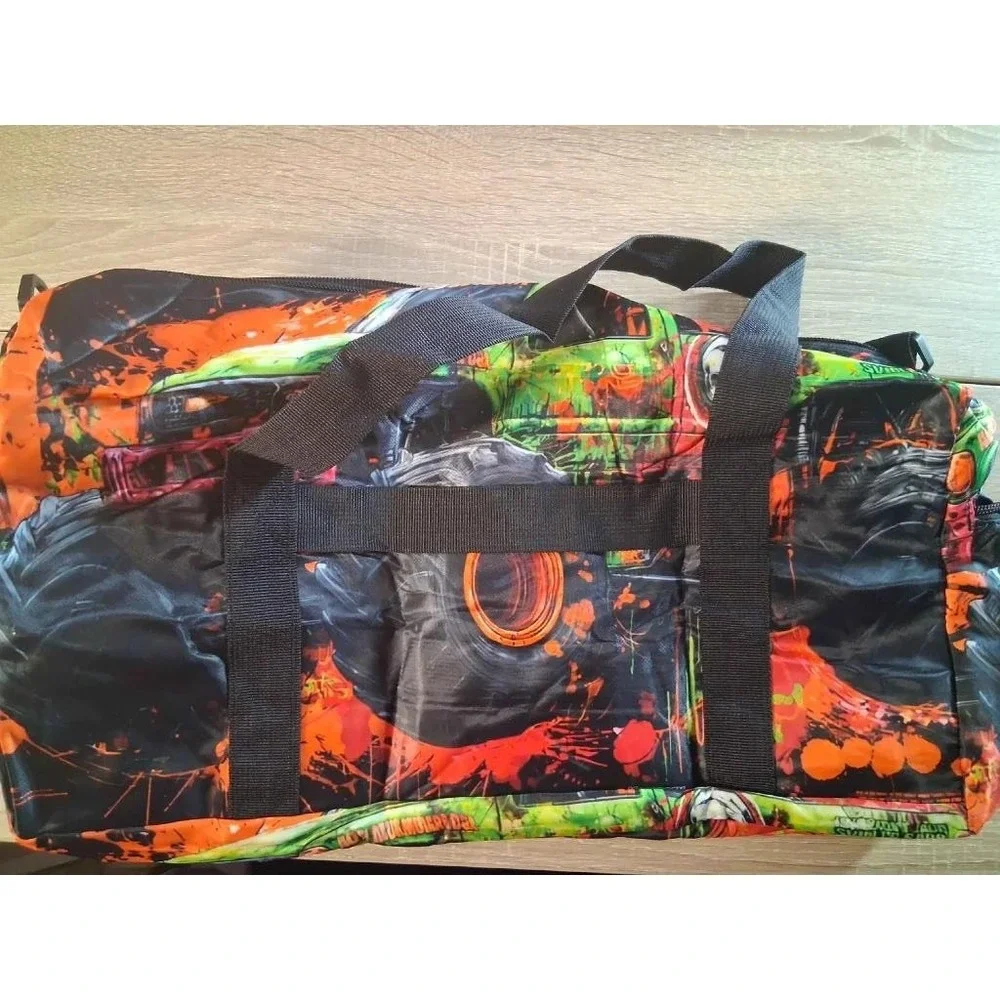 Monster Truck Duffel Bag Green Orange Splatter Graphic Travel Gym Sports Bag